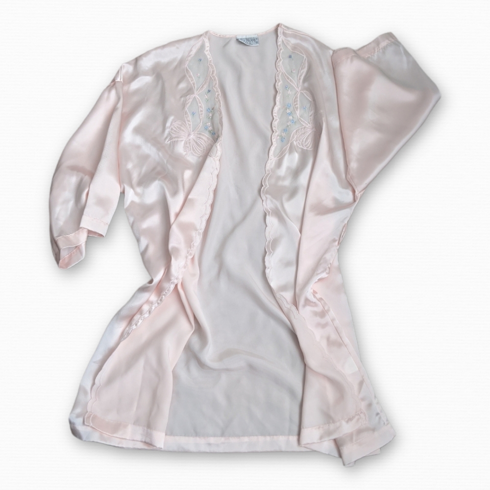 Vintage Flowy Pink Scalloped Embroidered Bow/Floral Detail Robe Cardigan Top